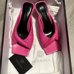 Versace Pink Plissé Nappa Leather kitten heels.